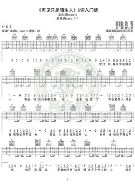 《再见只是陌生人》吉他谱C调入门版 高音教编配 猴哥吉他教学 